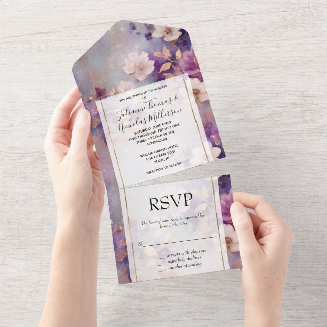 Invitation Tout En Un Chic Blanc Glam or violet Mariage floral (Déchirure)