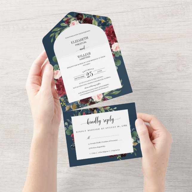 Invitation Tout En Un Chic Bourgogne Rouge Bleu Arc Floral Mariage (Déchirure)