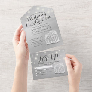 Invitation Tout En Un Chic Couple Mason Jar Lavender Mariage Argent RSVP