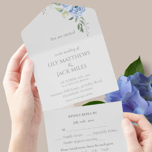 Invitation Tout En Un Chic Elegant Blue Periwinkle Hydrangea Floral RSVP