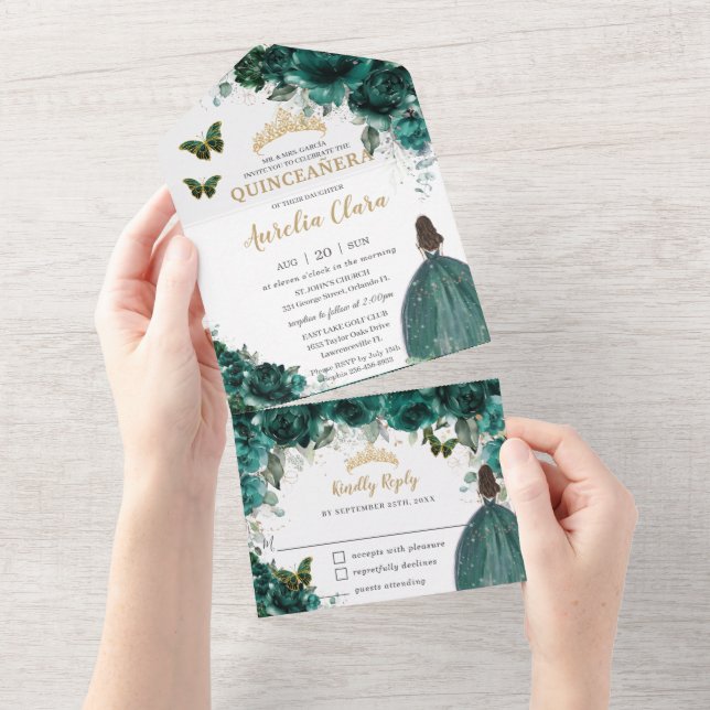 Invitation Tout En Un Chic Emerald Green Floral Quinceanera Princess (Déchirure)