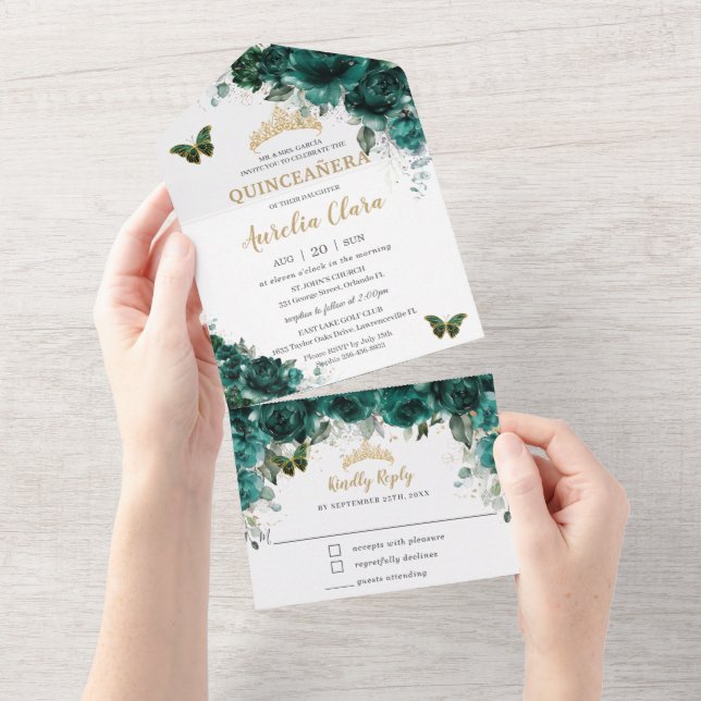 Invitation Tout En Un Chic émeraude Vert Floral Quinceanera Papillons (Déchirure)
