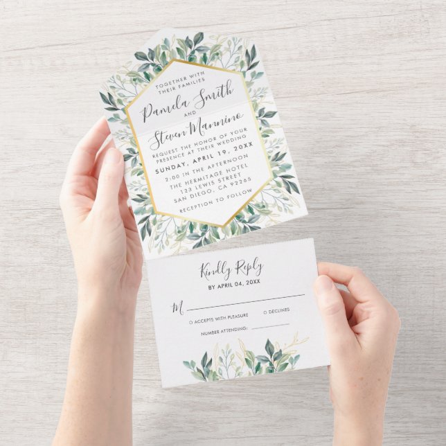 Invitation Tout En Un Chic Eucalyptus Gold Frame Mariage avec RSVP (Déchirure)