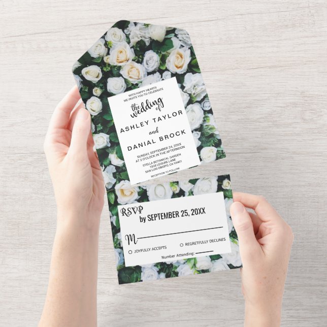 Invitation Tout En Un Chic fleurs botaniques blanc roses Mariage floral (Déchirure)