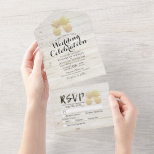 Invitation Tout En Un Chic Gold Ananas Couple Blanc Bois Mariage RSVP