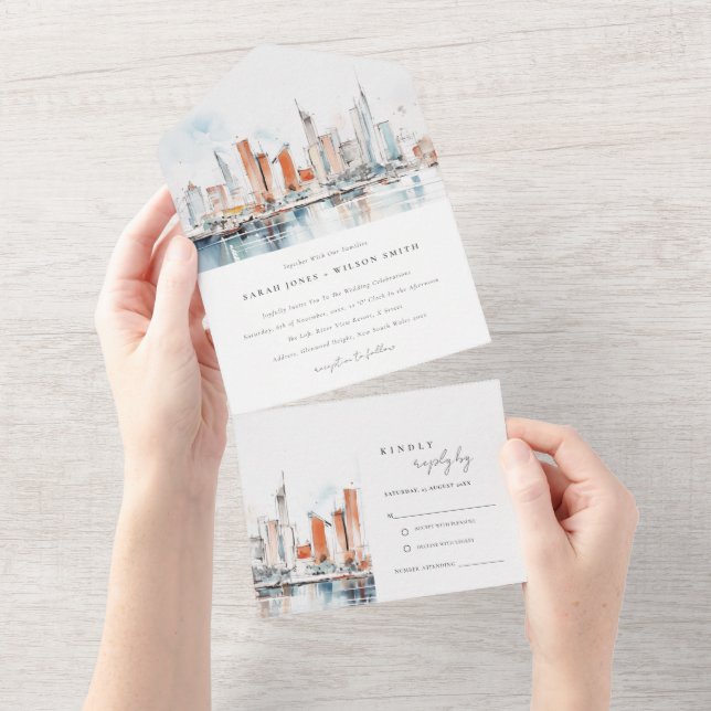 Invitation Tout En Un Chic Miami Floride Skyline Mariage d'aquarelle (Déchirure)