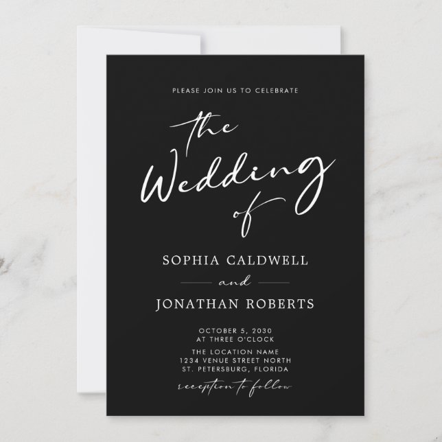 Invitation Tout en un Chic Moderne Calligraphie Noir Mariage (Devant)