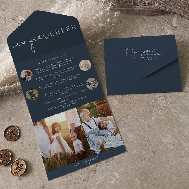 Invitation Tout En Un Chic moderne | Marine Bleu Nouvel An Cheval Multi  (Créateur téléchargé)