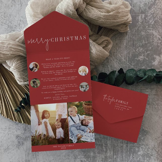 Invitation Tout En Un Chic moderne | Red Merry Christmas Multi Photo (Créateur téléchargé)