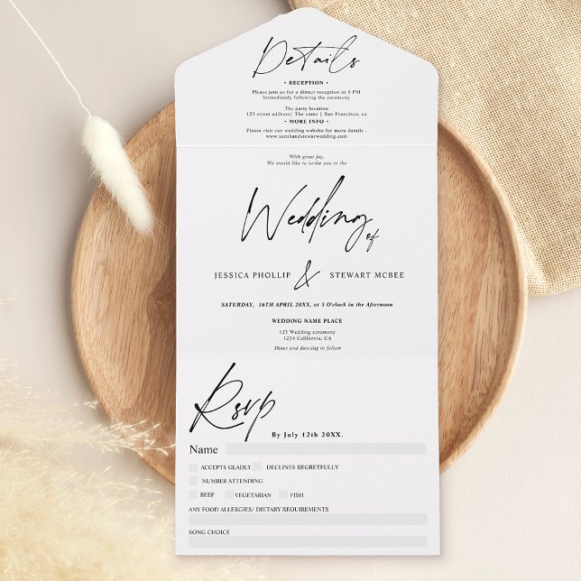 Invitation Tout En Un Chic noir blanc élégant script mariage moderne (Créateur téléchargé)