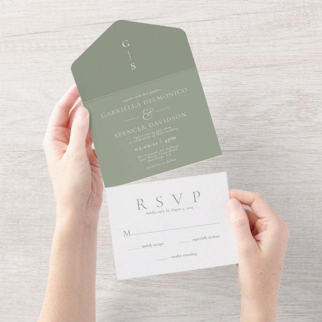 Invitation Tout En Un Chic nuances de Sage Green Mariage (Déchirure)