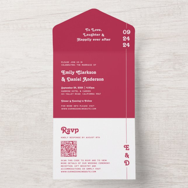 Invitation Tout En Un Chic Retro Bold Hot Pink Monogram QR Code Mariage (À l'intérieur)