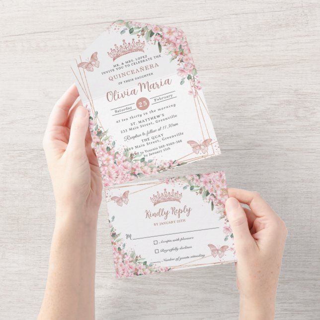 Invitation Tout En Un Chic rose cerise fleurs Rose or Quinceañera (Déchirure)