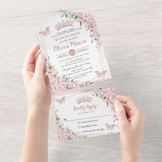 Invitation Tout En Un Chic rose cerise fleurs Rose or Quinceañera