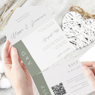 Invitation Tout En Un Chic Sage Green QR Code All in One Wedding Invitat