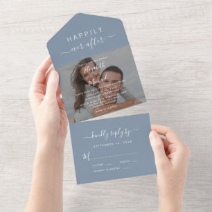 Invitation Tout En Un Chic Script Photo 0verlay Dusty Blue Mariage