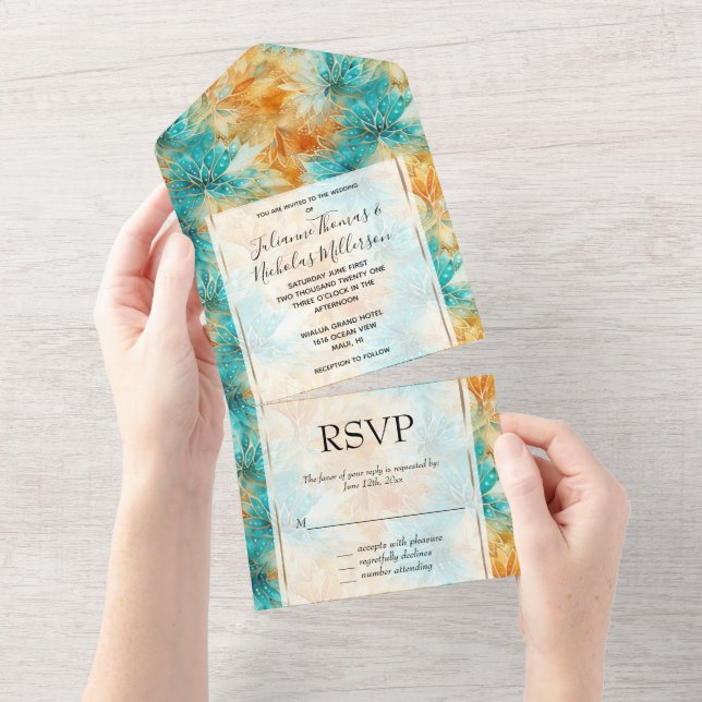 Invitation Tout En Un Chic Turquoise Orange Flowers Mariage (Déchirure)