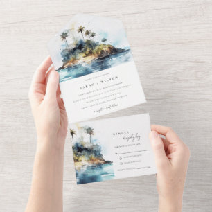 Invitation Tout En Un Chic Watercolor Seascape Palm Tree Island Mariage