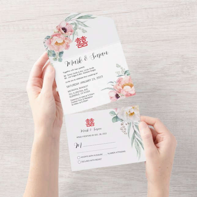 Invitation Tout En Un Chinois double bonheur tout en un mariage Invitati (Déchirure)