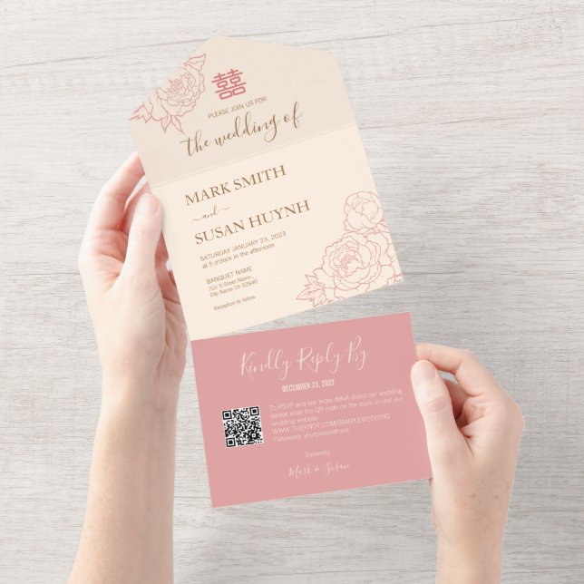 Invitation Tout En Un Chinois Elegant Peony All in One Wedding Invitatio (Déchirure)
