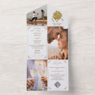 Invitation Tout En Un Chinoiserie Bouquet Gold 3 Photo Code QR Mariage