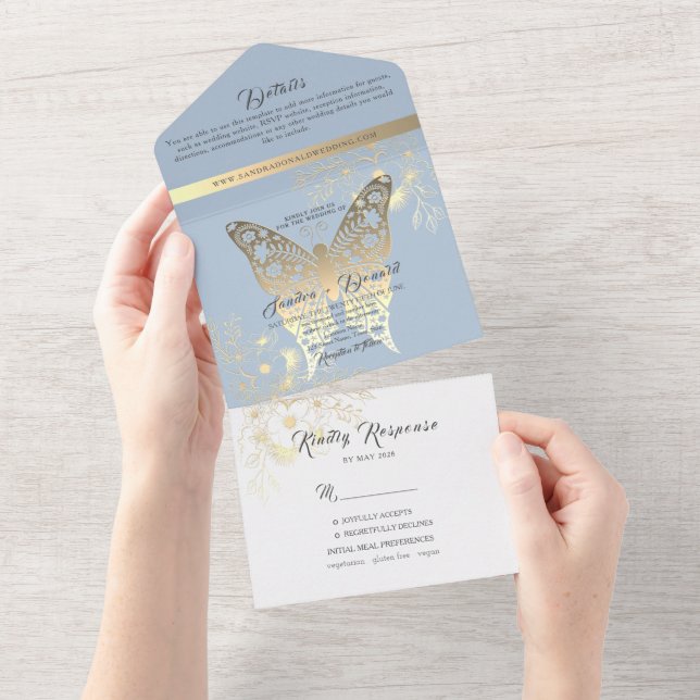 Invitation Tout En Un Chinoiserie Floral Dusty Mariage bleu (Déchirure)