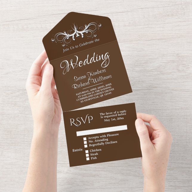 Invitation Tout En Un Chocolat tendance et Tri Blanc Plier avec Rsvp (Déchirure)
