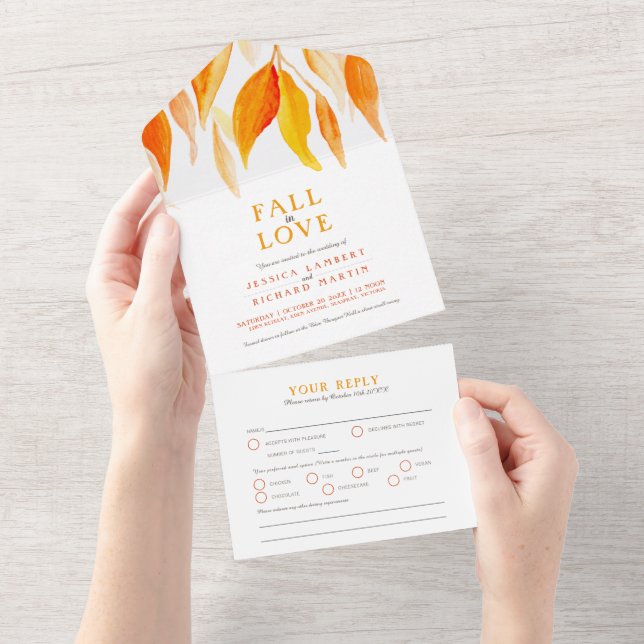 Invitation Tout En Un Chute amoureuse aquarelle chute laisse mariage (Déchirure)