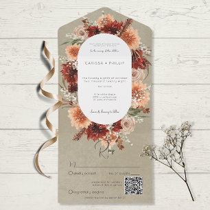 Invitation Tout En Un Chute Boho rouille & Pêche Florale Oval Sage QR Co