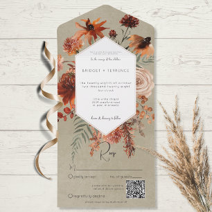 Invitation Tout En Un Chute Boho rouille & Pêche Flore Frame Sage QR Cod