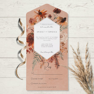 Invitation Tout En Un Chute Boho Rust & Pêche Cadre Floral Pas de dîner