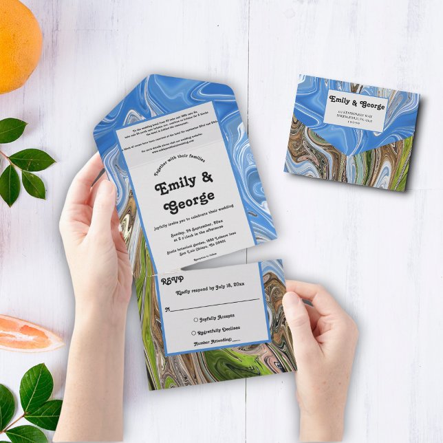 Invitation Tout En Un Ciel bleu vert minimal ton Terre Mariage Abstrait (Créateur téléchargé)