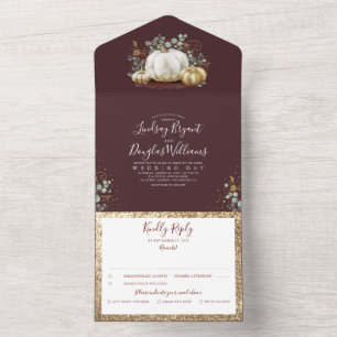 Invitation Tout En Un Citrouille d'or Eucalyptus automne Bourgogne Maria