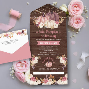 Invitation Tout En Un Citrouille en bois rose poussiéreux à motif floral