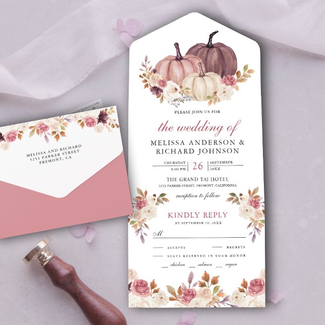 Invitation Tout En Un Citrouille rose Dusty Rose et Mariage floral ivoir (Créateur téléchargé)