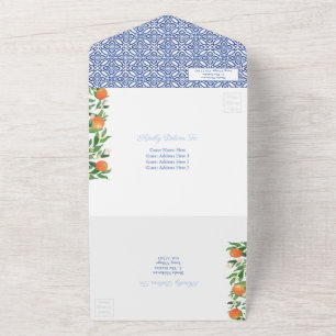Invitation Tout En Un Citrus Oranges Antique Bleu Blanc Carreaux Mariage