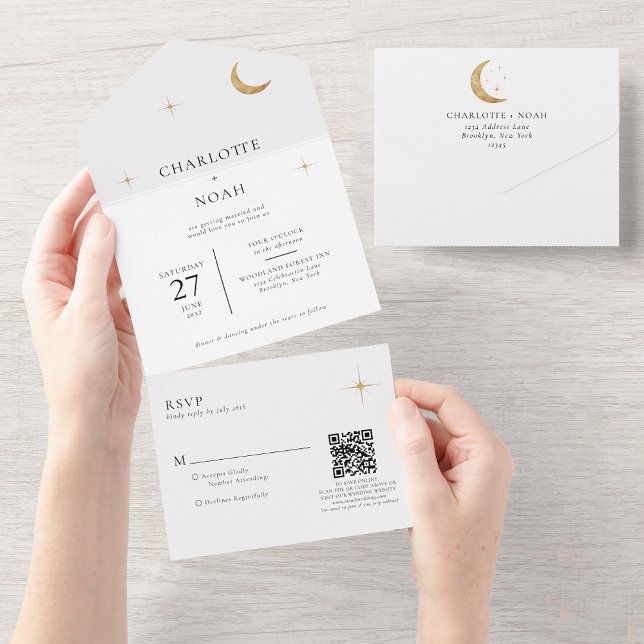 Invitation Tout En Un Classic Celestial Gold Moon Stars Mariage QR Code (Créateur téléchargé)