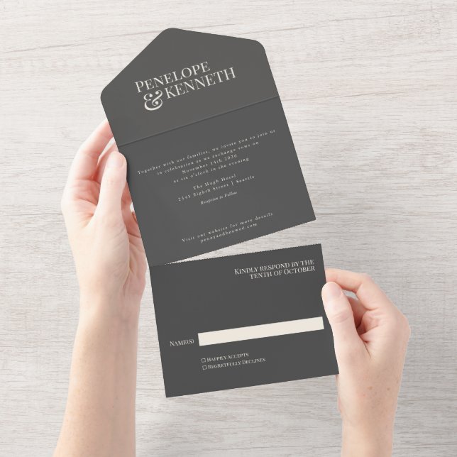 Invitation Tout En Un Classic Elegant Charcoal Grey Typographie Mariage (Déchirure)