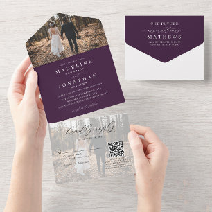 Invitation Tout En Un Classic Elegant Purple 2 Photo QR Code Mariage