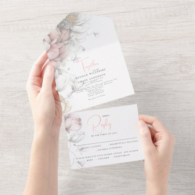 Invitation Tout En Un Classic Modern Ivory and Blush Floral  (Déchirure)