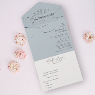 Invitation Tout En Un Classique Script Traditiona Libellé Bleu Quinceañe