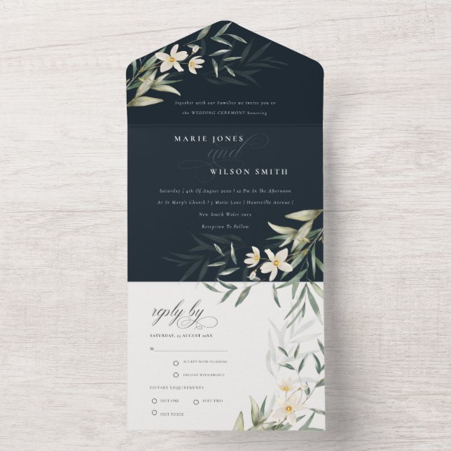 Invitation Tout En Un Classy Dark Navy White Green Mariage Floral (À l'intérieur)