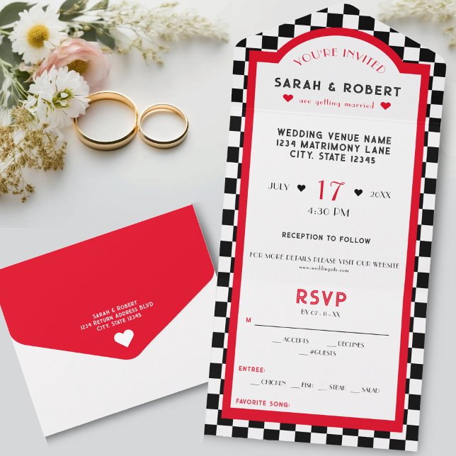 Invitation Tout En Un Clavier rouge noir et blanc Retro Diner Mariage (Retro Diner Checkerboard Red Black & White Wedding All In One Invitation)