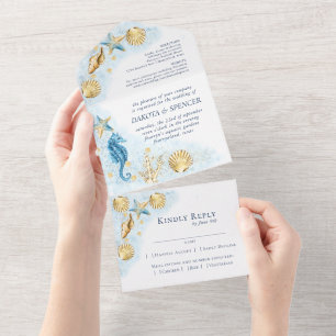 Invitation Tout En Un Coastal Chic   Bleu et or Coral Reef Mariage Al