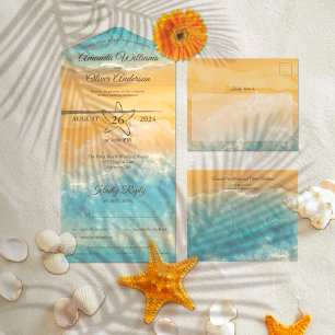 Invitation Tout En Un Coastal Chic Golden Sand Turquoise Mariage d'eau