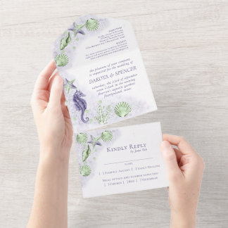 Invitation Tout En Un Coastal Chic | Mariage de récif de corail violet e