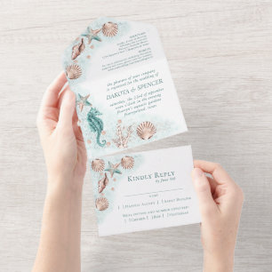 Invitation Tout En Un Coastal Chic   Turquoise et Rose Gold Mariage naut