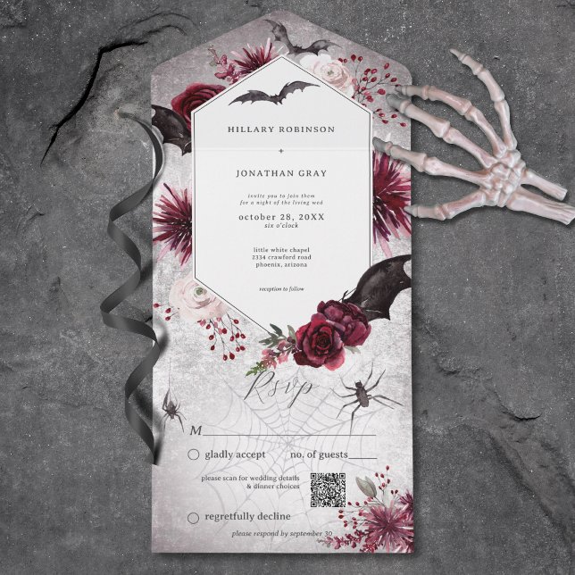 Invitation Tout En Un Code Halloween gothique noir et bordeaux Halloween (Gothic Black & Burgundy Halloween Hexagon QR Code All In One Invitation)