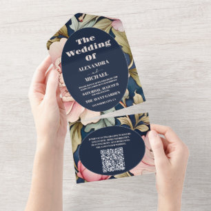 Invitation Tout En Un Code QR Aquarelle Pivoine Rose  Mariage Art Nouvea