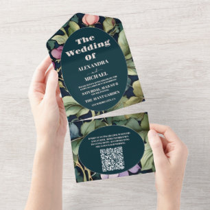 Invitation Tout En Un Code QR Aquarelle Pivoine Rose Mariage Art Nouveau